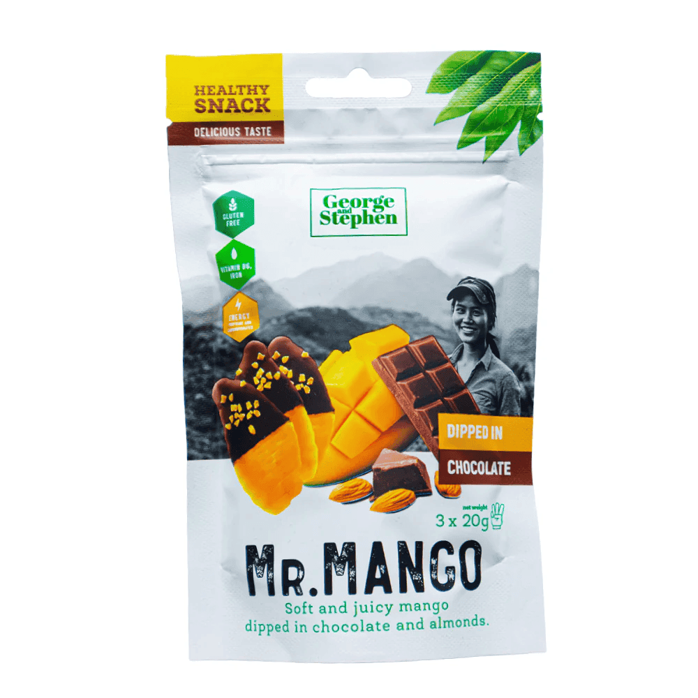 George & Stephen mr. mango prémiové sušené mango plátky v čokoládovej poleve 3x20g 60 g